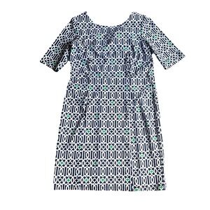 Jude Connally Geometric Sheath Dress Medium Navy Scoop Back Scuba Elbow Length